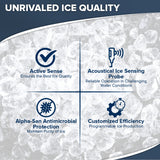 A graphic titled Unrivaled Ice Quality spotlights four features of this air-cooled ice maker: Active Sense, Acoustical Ice Sensing Probe, Alpha-San Antimicrobial Protection, and Customized Efficiency—displayed over a crisp background of ice.