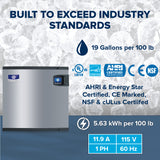 A commercial air-cooled ice maker with a self-contained condenser and right-side control panel is shown. Text highlights its certifications and performance: 19 gallons water/100 lb ice, 5.63 kWh/100 lb, 11.9 A, 115 V, 1 PH, 60 Hz.
