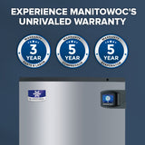 Stainless steel Manitowoc commercial ice machine with three circular warranty badges above it: “3 Year Parts & Labor,” “5 Year Compressor,” and “5 Year Evaporator.” Text at top reads, “Experience Manitowoc’s Unrivaled Warranty.” Blue background.