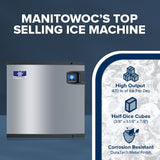 A Manitowoc Indigo NXT Ice Maker is shown on the left, with bold text above reading MANITOWOCS TOP SELLING COMMERCIAL ICE MAKER. On the right, three features are listed: High Output (470 lb/day), Half-Dice Cubes, and Corrosion Resistant DuraTech finish.