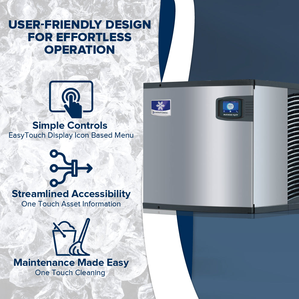 A promotional image for a commercial ice maker shows the machine on the right. On the left, text reads: “User-friendly design for effortless operation,” listing features—simple controls, streamlined accessibility, easy maintenance—with matching icons over an ice background.