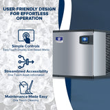 A promotional image for a commercial ice maker shows the machine on the right. On the left, text reads: “User-friendly design for effortless operation,” listing features—simple controls, streamlined accessibility, easy maintenance—with matching icons over an ice background.
