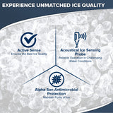 Infographic with ice in the background and three features in blue icons—Active Sense, Acoustical Ice Sensing Probe, and Alpha-San Antimicrobial Protection—showcasing the Indigo NXT air-cooled ice maker’s unmatched ice quality.