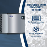 A commercial ice maker, like the Indigo NXT Ice Maker, is shown on the left. On the right, text highlights its air-cooled condenser for energy reduction and R-410A refrigerant’s lower global warming potential over an ice cube background.