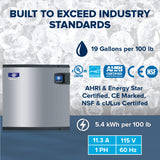 A commercial ice maker sits in front of a pile of ice cubes. Text highlights features: “BUILT TO EXCEED INDUSTRY STANDARDS,” Indigo NXT Ice Maker, air-cooled ice machine, 19 gal/100 lb, 5.4 kWh/100 lb, 11.3 amps, 115V, and certification logos.