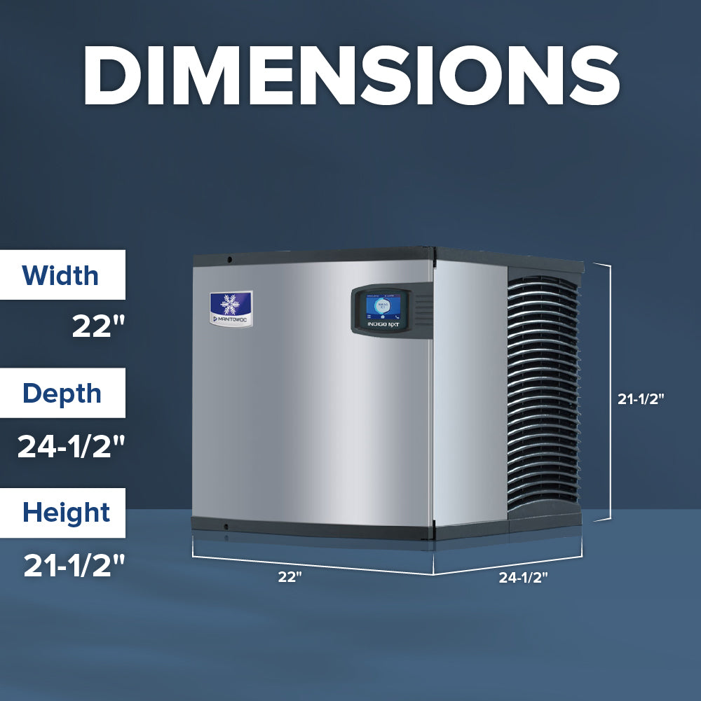 A stainless steel Indigo NXT ice maker is shown on a blue background. White text above it reads “DIMENSIONS.” Labels indicate its width is 22 inches, depth 24-1/2 inches, and height 21-1/2 inches. The air-cooled machine has a digital display and vented sides.