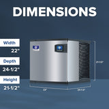 A stainless steel Indigo NXT ice maker is shown on a blue background. White text above it reads “DIMENSIONS.” Labels indicate its width is 22 inches, depth 24-1/2 inches, and height 21-1/2 inches. The air-cooled machine has a digital display and vented sides.