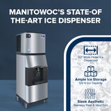 A silver Manitowoc vending ice dispenser stands on a dark blue background. Text above reads “MANITOWOC’S STATE-OF-THE-ART ICE DISPENSER.” Icons highlight bucket filling, a 120 lb capacity, and a touchless lever for easy, hygienic use.