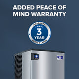 A stainless steel Vending Ice Dispenser with a blue logo is shown against a dark blue background. Above it, bold white text reads, ADDED PEACE OF MIND WARRANTY. A circular blue and silver badge states, WARRANTY 3 YEAR PARTS & LABOR.