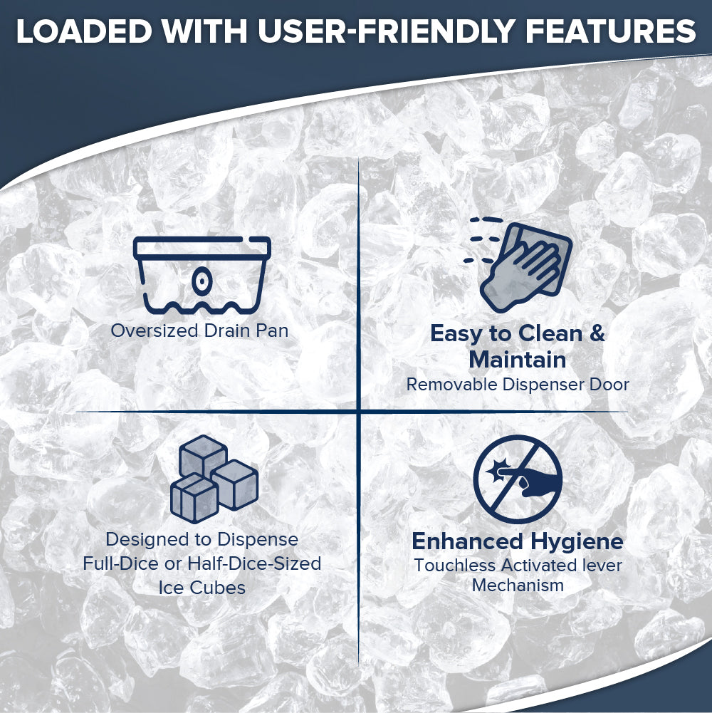 A graphic over an ice background lists four user-friendly features: oversized drain pan, easy to clean and maintain (with a removable dispenser door), bucket filling capability, and enhanced hygiene with touchless lever dispensing.