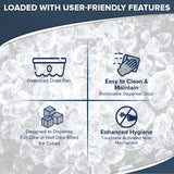 A graphic over an ice background lists four user-friendly features: oversized drain pan, easy to clean and maintain (with a removable dispenser door), bucket filling capability, and enhanced hygiene with touchless lever dispensing.