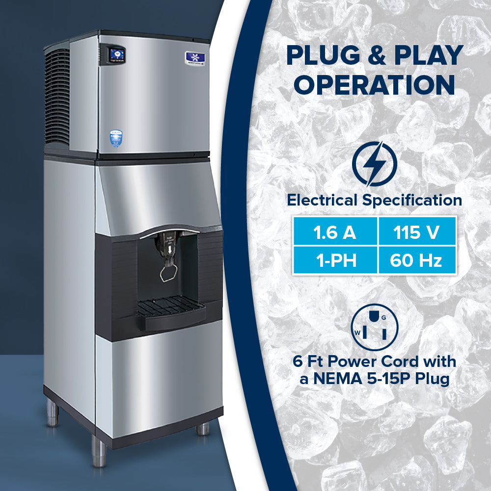 A stainless steel Vending Ice Dispenser stands on the left, using a touchless lever to dispense ice into a glass. On the right, text reads “PLUG & PLAY OPERATION” with specs and “6 Ft Power Cord with a NEMA 5-15P Plug” over an ice background.
