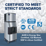 A Vending Ice Dispenser stands on an ice background. Certifications and logos, including AHRI, cULus, NSF, and accessibility, are shown. Features like bucket filling and a touchless lever ensure convenience and hygiene. CERTIFIED TO MEET STRICT STANDARDS.
