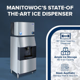 A large, stainless steel Manitowoc vending ice dispenser stands on a dark blue background. Text highlights features: “30” Wide Hotel Ice Dispenser,” “Ample Ice Storage: 180 lb Capacity,” and “Bucket Filling & Touchless Lever.”.