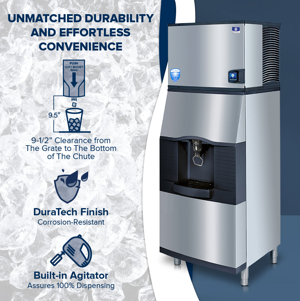 A commercial vending ice dispenser stands on the right, with a metal finish and a front touchless lever for dispensing ice. To the left, text highlights 9-1/2” clearance, DuraTech corrosion-resistant finish, and built-in agitator. Ice forms the background.