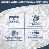 Infographic on an ice background highlights four features: oversized drain pan, easy-to-clean removable dispenser door, full, half, or dice-sized ice cubes dispensing, and enhanced hygiene with a touchless lever vending ice dispenser.