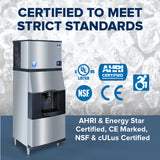 A large stainless steel ice and water dispenser with a touchless lever sits in front of a background of ice cubes. Text reads: “CERTIFIED TO MEET STRICT STANDARDS.” Logos for cULus, AHRI, NSF, CE, and accessibility are shown.