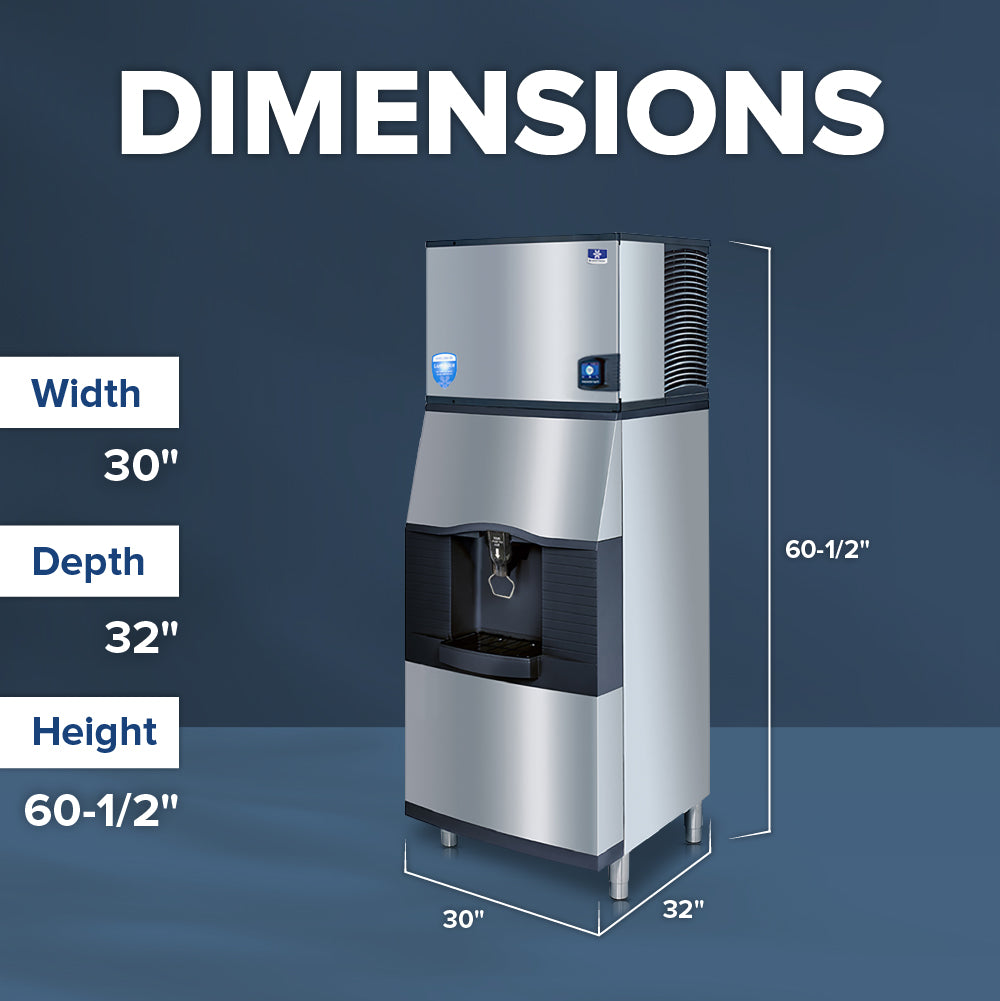 A commercial vending ice dispenser stands against a blue background. White text reads DIMENSIONS above labeled measurements: width 30, depth 32, height 60-1/2. White lines indicate these dimensions on the stainless steel machine.