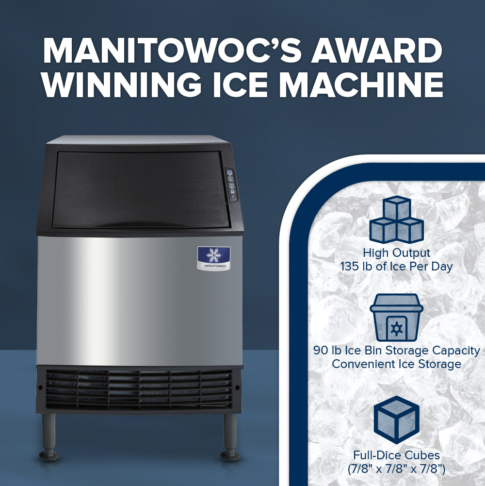 A Manitowoc ice machine is centered on a blue patterned background. Text above reads “MANITOWOC’S AWARD WINNING UNDERCOUNTER ICE MAKER.” To the right, icons and text highlight features: 135 lb/day output, 90 lb storage, and full-dice cubes (7/8 x 7/8 x 7/8).