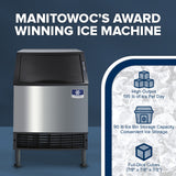 A Manitowoc ice machine is centered on a blue patterned background. Text above reads “MANITOWOC’S AWARD WINNING UNDERCOUNTER ICE MAKER.” To the right, icons and text highlight features: 135 lb/day output, 90 lb storage, and full-dice cubes (7/8 x 7/8 x 7/8).