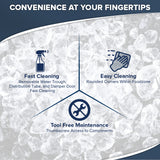 Infographic over ice background. Title: CONVENIENCE AT YOUR FINGERTIPS. Highlights features for your Manitowoc ice machine: Fast Cleaning, Easy Cleaning, and Tool Free Maintenance—making undercounter ice maker upkeep simple and efficient.
