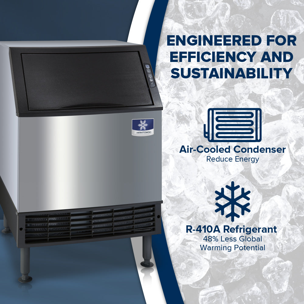 A Manitowoc ice machine stands on the left, featuring a stainless steel body and black accents. On the right, text highlights this cube-style ice maker’s efficiency and sustainability, mentioning its air-cooled condenser and R-410A refrigerant.