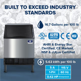 A stainless steel Manitowoc ice machine, ideal as an undercounter ice maker, sits on display. Text highlights features: Built to Exceed Industry Standards, 16.7 gallons per 100 lb, and energy use 5.63 kWh per 100 lb. Certification marks are visible.