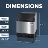 A Manitowoc ice machine, perfect as an undercounter ice maker, stands on four legs against a blue background. Text above reads DIMENSIONS. Labels show width: 26, depth: 28 1/2, height: 38 1/2. The unit features a black front panel and logo below.