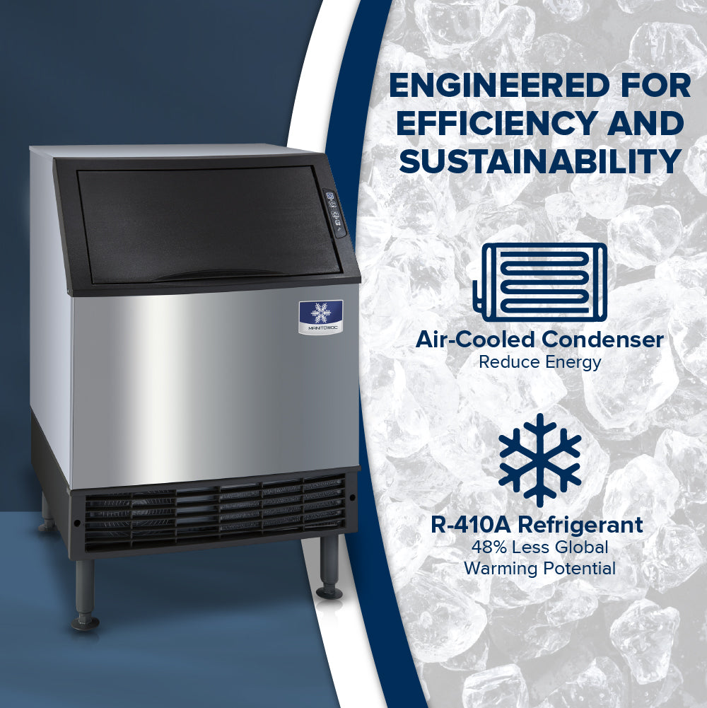 A Manitowoc ice maker sits on a frosty background. Text reads: “Engineered for efficiency and sustainability.” Icons highlight “Air-Cooled Condenser—Reduce Energy” and “R-410A Refrigerant—48% Less Global Warming Potential.”.