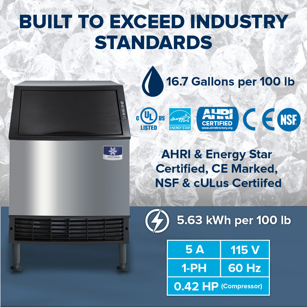 A Manitowoc air-cooled ice machine stands before an icy backdrop. Specs: 16.7 gal water/100 lb, 5.63 kWh/100 lb, 5A, 115V, 1-PH, 60Hz, 0.42 HP. Certified by UL, Energy Star, AHRI, CE, NSF & cULus for reliability and.