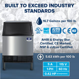 A Manitowoc air-cooled ice machine stands before an icy backdrop. Specs: 16.7 gal water/100 lb, 5.63 kWh/100 lb, 5A, 115V, 1-PH, 60Hz, 0.42 HP. Certified by UL, Energy Star, AHRI, CE, NSF & cULus for reliability and.