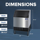 A Manitowoc ice maker with silver sides and a black front door is shown on a blue background. White text highlights its dimensions: 26 wide, 28.5 deep, and 38.5 high. This air-cooled ice machine stands on four short legs.