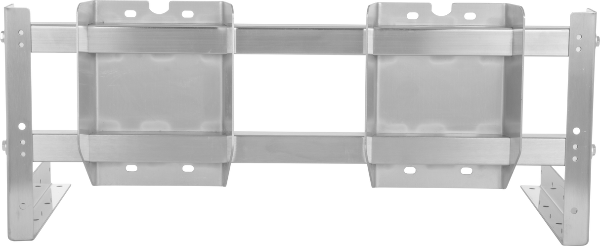 A silver metal mounting frame bracket with two rectangular slots, multiple screw holes, and reinforcement bars. Ideal for securing equipment, this VCCG bracket measures 24" and is photographed against a plain white background.