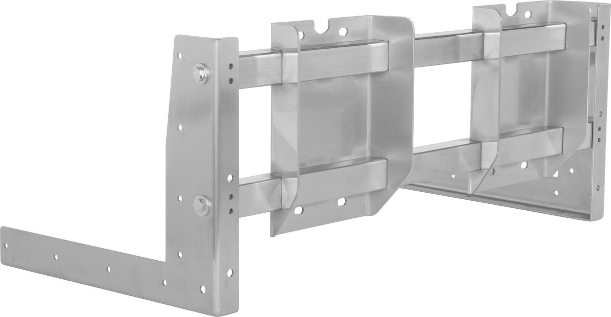A silver metal 24" wall mount bracket with multiple holes for screws, two vertical side supports, two horizontal bars, and angled reinforcing plates. This sturdy mounting frame has an industrial look and is built for supporting heavy objects.