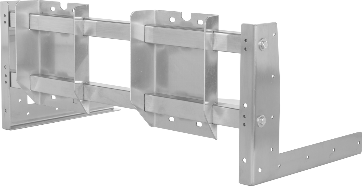 A 24" metal wall mount bracket with multiple flat, rectangular sections and right-angle supports, designed for holding heavy objects. The mounting frame features several holes for screws and a sleek silver, metallic finish.