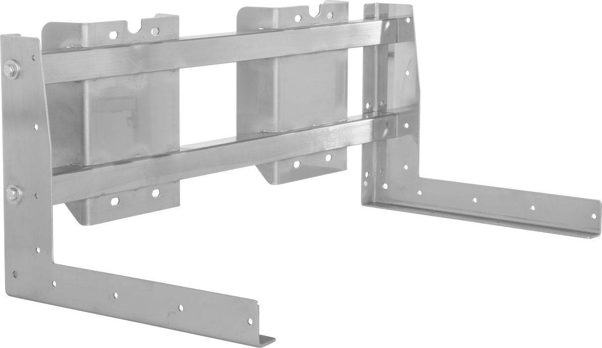 A metal wall mount bracket, part of the VCCG mounting frame series, with two horizontal and two vertical bars and multiple screw holes for mounting. The sturdy 24" silver bracket is ideal for supporting equipment or shelving against a flat surface.