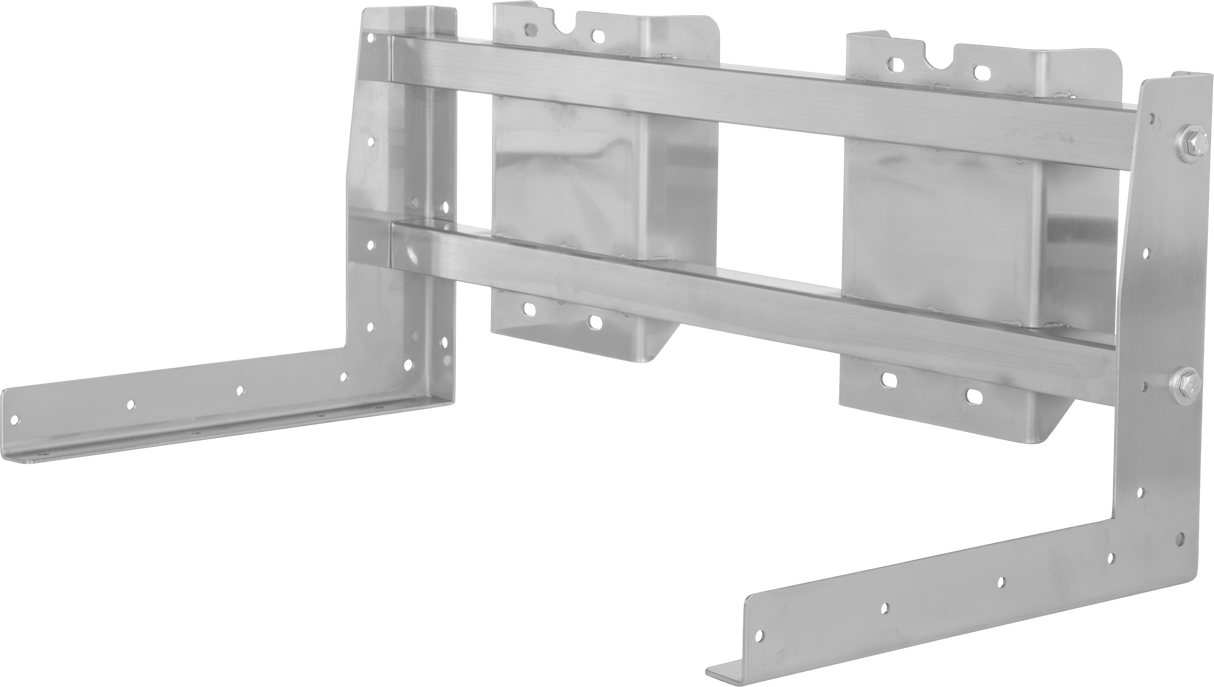 A sturdy Vulcan FRAME-VMCS24 metal mounting frame features two horizontal bars and two L-shaped arms, each with multiple holes for screws. This 24" silver bracket is ideal for supporting equipment on a wall against a plain white background.