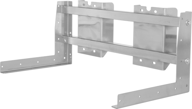 A sturdy Vulcan FRAME-VMCS24 metal mounting frame features two horizontal bars and two L-shaped arms, each with multiple holes for screws. This 24" silver bracket is ideal for supporting equipment on a wall against a plain white background.