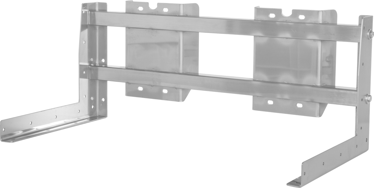 A silver metal mounting frame with a rectangular design, two horizontal support bars, and multiple pre-drilled holes for screws. Measuring 24", it's ideal for supporting equipment in HVAC or shelving systems like the VCCG series.