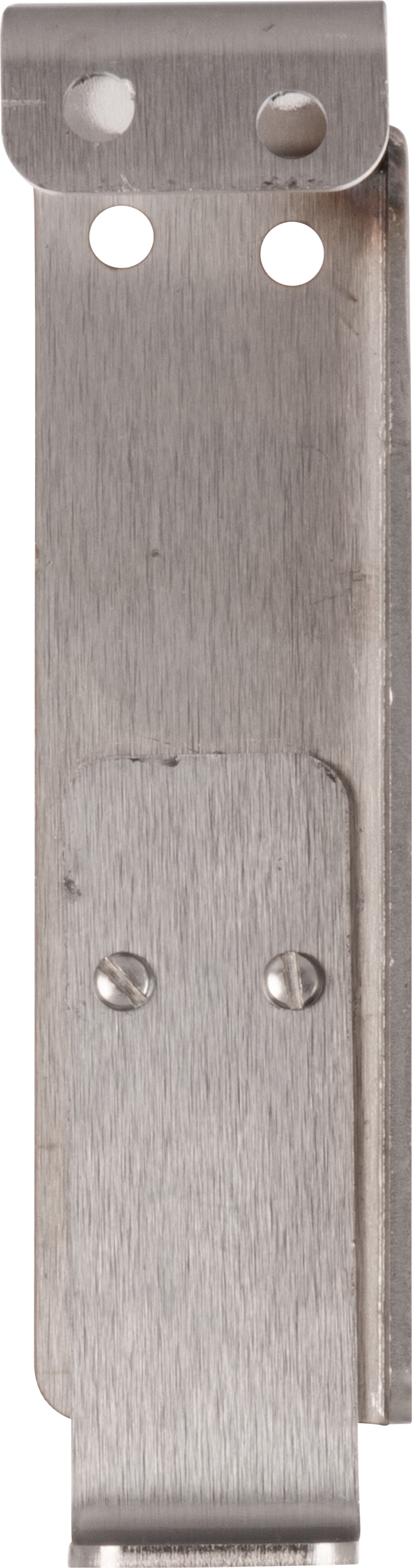 A close-up of a Vulcan metal belt clip, featuring a brushed finish, two rivets at the top, two screws in the center, and two circular holes near the upper middle—ideal as a gap adjust bracket—seen from a straight-on angle.