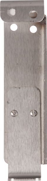 A close-up of a Vulcan metal belt clip, featuring a brushed finish, two rivets at the top, two screws in the center, and two circular holes near the upper middle—ideal as a gap adjust bracket—seen from a straight-on angle.