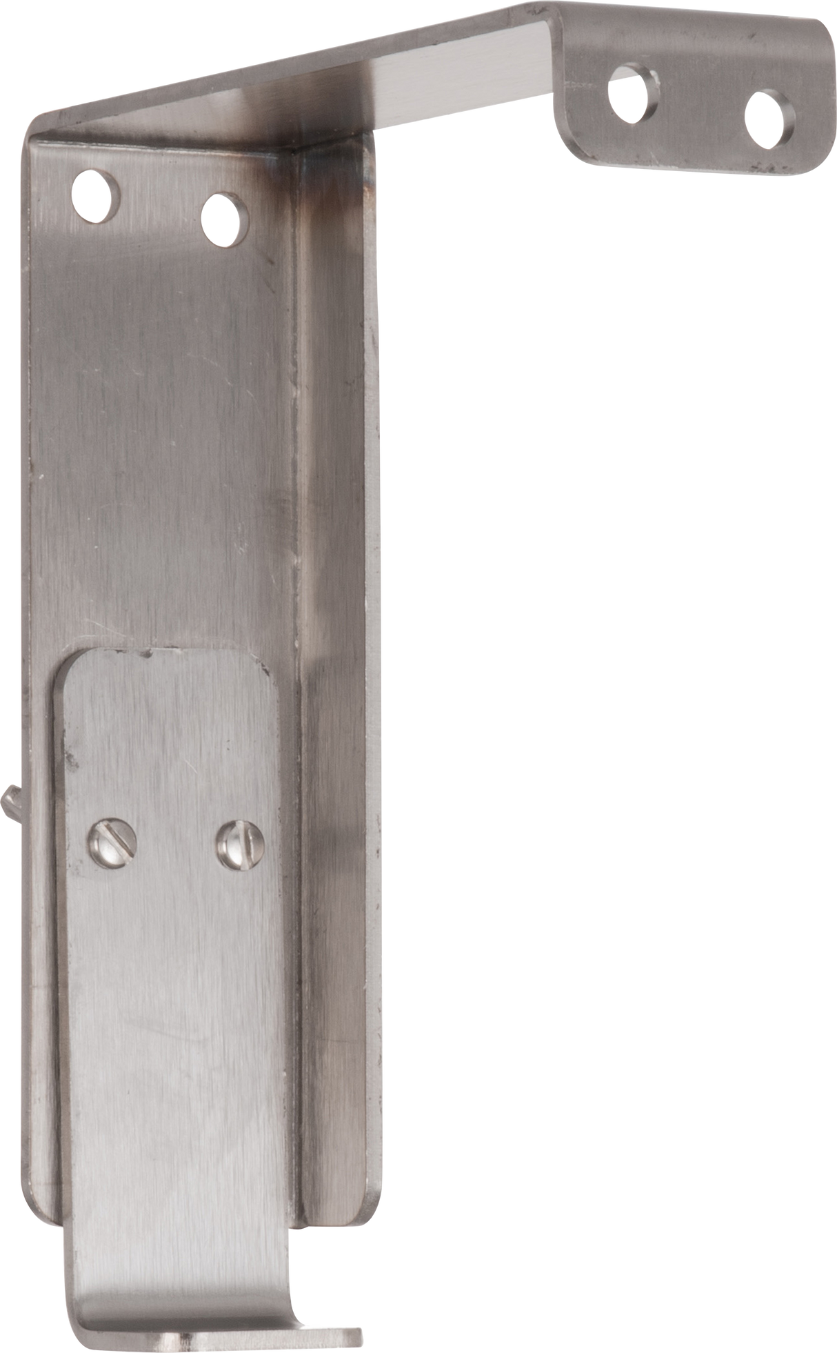 The Vulcan GADJUST-VMCS is a stainless steel gap adjust bracket with a right-angle bend, four mounting holes, and a secondary vertical plate secured by two screws. The surface showcases a sleek brushed metal finish.