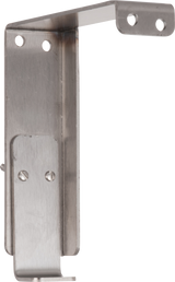 The Vulcan GADJUST-VMCS is a stainless steel gap adjust bracket with a right-angle bend, four mounting holes, and a secondary vertical plate secured by two screws. The surface showcases a sleek brushed metal finish.