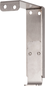 A Vulcan Gap adjust bracket with a brushed finish, featuring three holes at the top for mounting and two screws securing the longer vertical section. The L-shaped GADJUST-VMCS design is ideal for supporting or mounting objects on a surface.