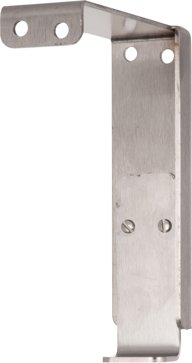 A Vulcan Gap adjust bracket with a brushed finish, featuring three holes at the top for mounting and two screws securing the longer vertical section. The L-shaped GADJUST-VMCS design is ideal for supporting or mounting objects on a surface.
