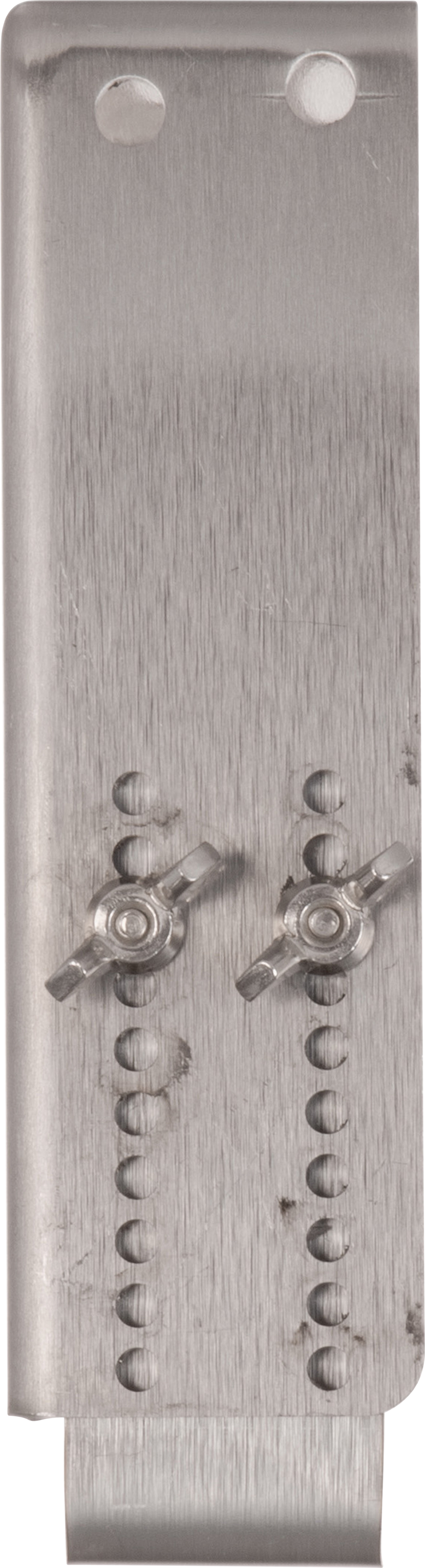 A close-up of a Vulcan Gap adjust bracket, featuring a brushed finish. Two wing nuts are fastened onto bolts along vertical rows of holes, with two larger holes at the top. The bottom edge is bent outward, forming a hook shape. Model: GADJUST-VMCS.