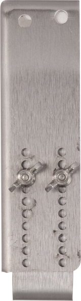 A close-up of a Vulcan Gap adjust bracket, featuring a brushed finish. Two wing nuts are fastened onto bolts along vertical rows of holes, with two larger holes at the top. The bottom edge is bent outward, forming a hook shape. Model: GADJUST-VMCS.