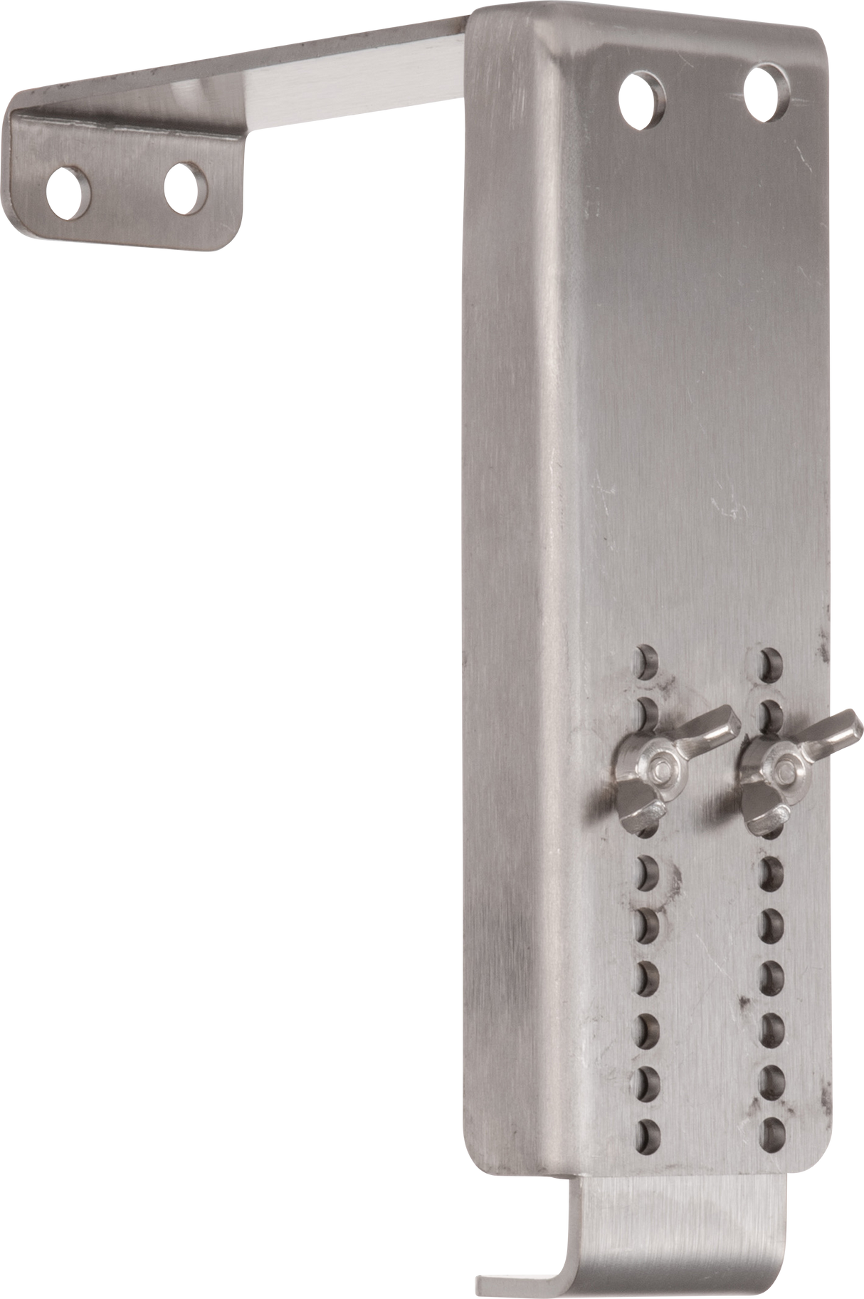 This Vulcan gap adjust bracket, model GADJUST-VMCS, features two top mounting holes, a right-angle support bend, and an adjustable plate with screws and multiple holes. The brushed metal surface is unpainted for a clean look.