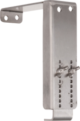 This Vulcan gap adjust bracket, model GADJUST-VMCS, features two top mounting holes, a right-angle support bend, and an adjustable plate with screws and multiple holes. The brushed metal surface is unpainted for a clean look.
