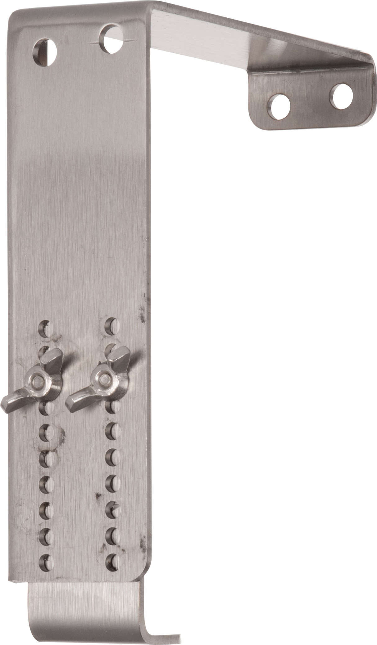 The Vulcan Gap adjust bracket (GADJUST-VMCS) is a metal bracket with a brushed finish, featuring two wing nuts on vertical slots for adjustable positioning. It has three mounting holes at the top and a hook-like bend for secure attachment to flat surfaces.